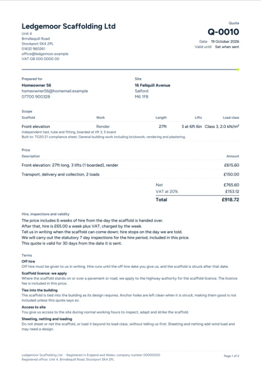 A quote PDF with elevations, price lines, VAT and hire terms