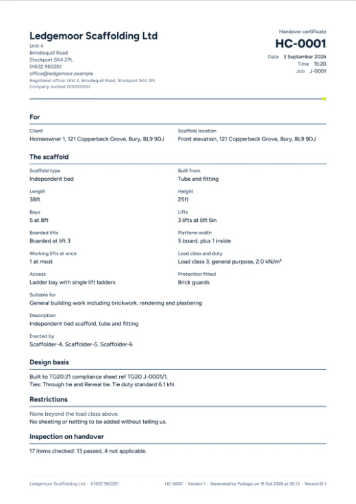 A scaffold handover certificate PDF with the scaffold details, restrictions and signature