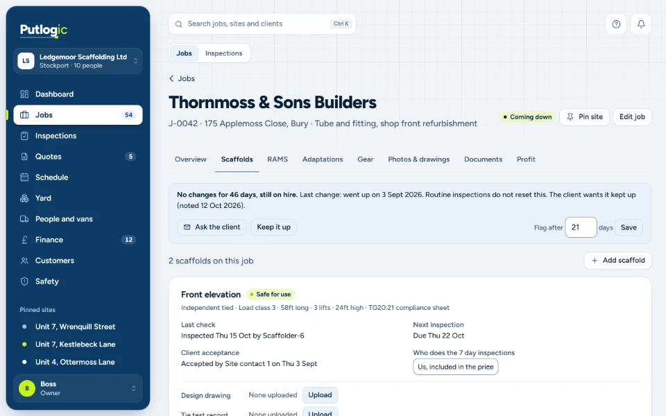 Up and inspected. Thornmoss & Sons Builders' scaffolds at 175 Applemoss Close, Bury, with each inspection signed and the report sent.