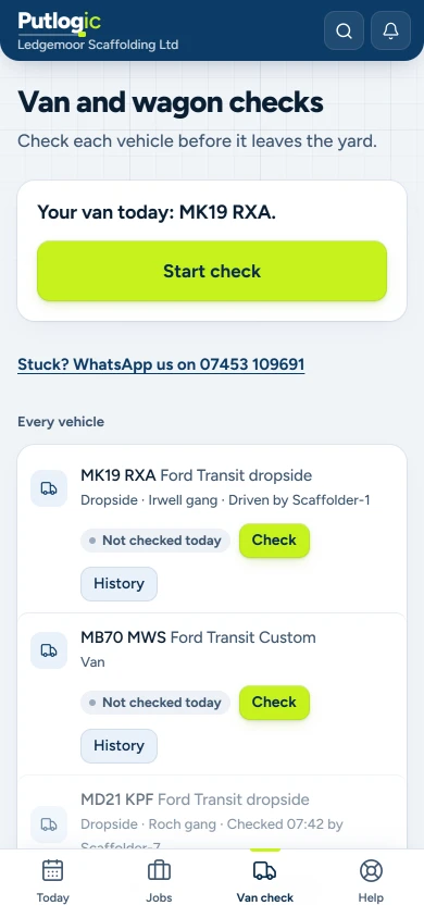 The van check on the phone, with his own van at the top and a Start check button